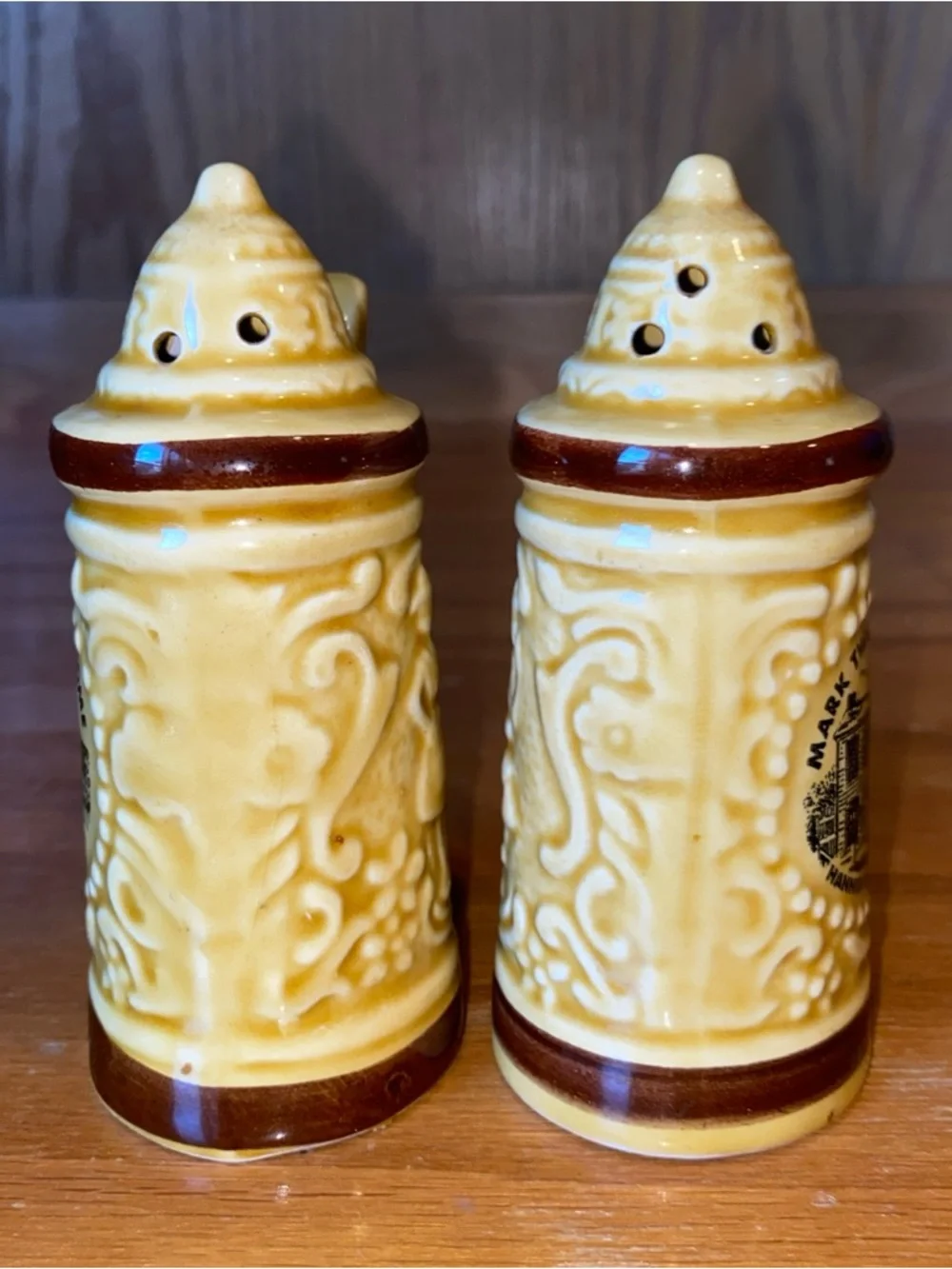 Ceramic Beer Stein Salt & Pepper Shakers Handles Mark Twain’s House Hannibal MO